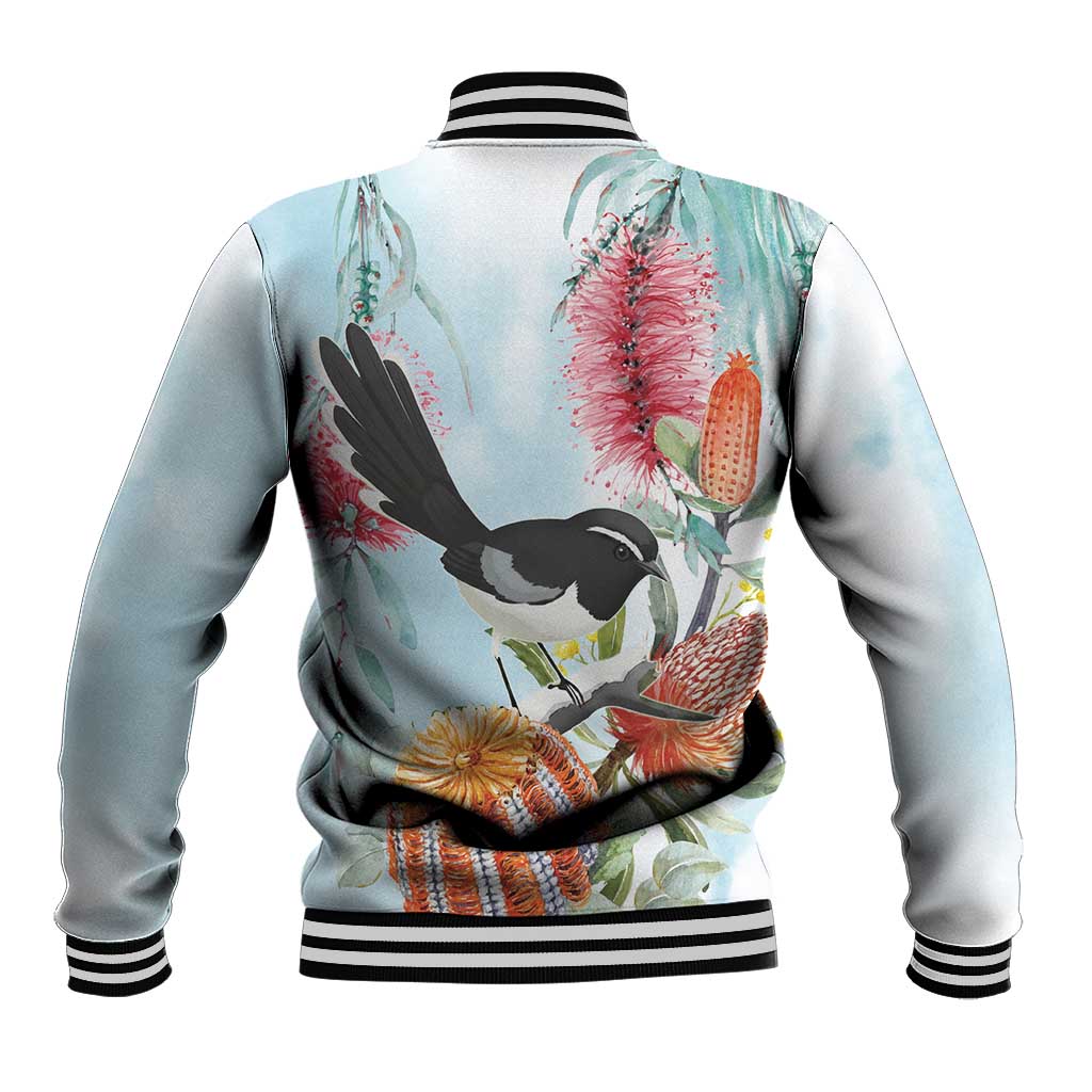 Willie wagtail Australia Baseball Jacket Banksia Bottlebrushes Watercolor Stylized - Aussie Hoodie