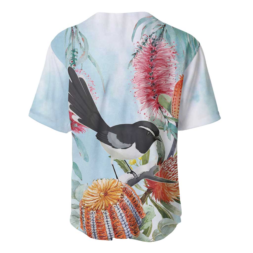 Willie wagtail Australia Baseball Jersey Banksia Bottlebrushes Watercolor Stylized - Aussie Hoodie