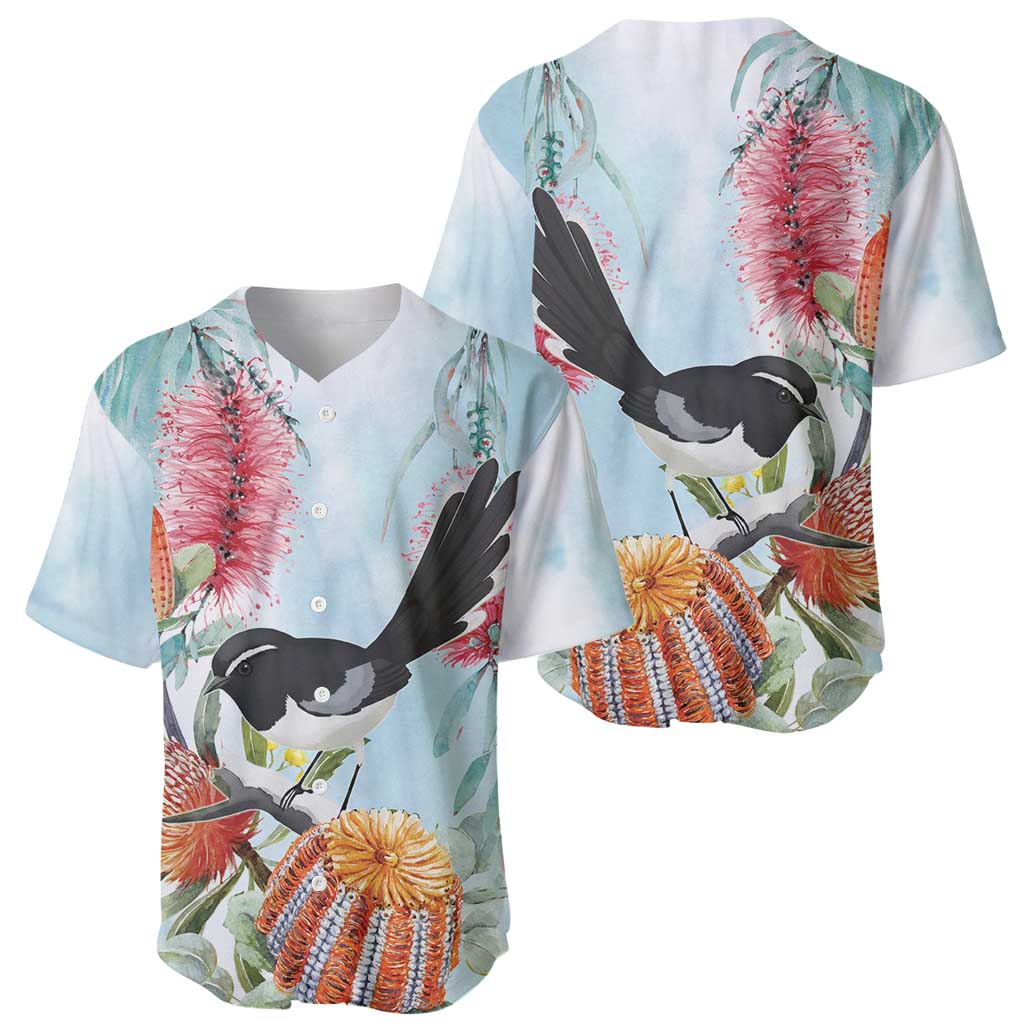 Willie wagtail Australia Baseball Jersey Banksia Bottlebrushes Watercolor Stylized - Aussie Hoodie