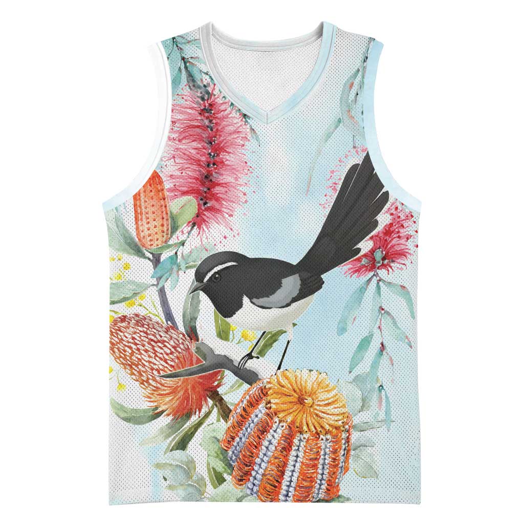 Willie wagtail Australia Basketball Jersey Banksia Bottlebrushes Watercolor Stylized - Aussie Hoodie