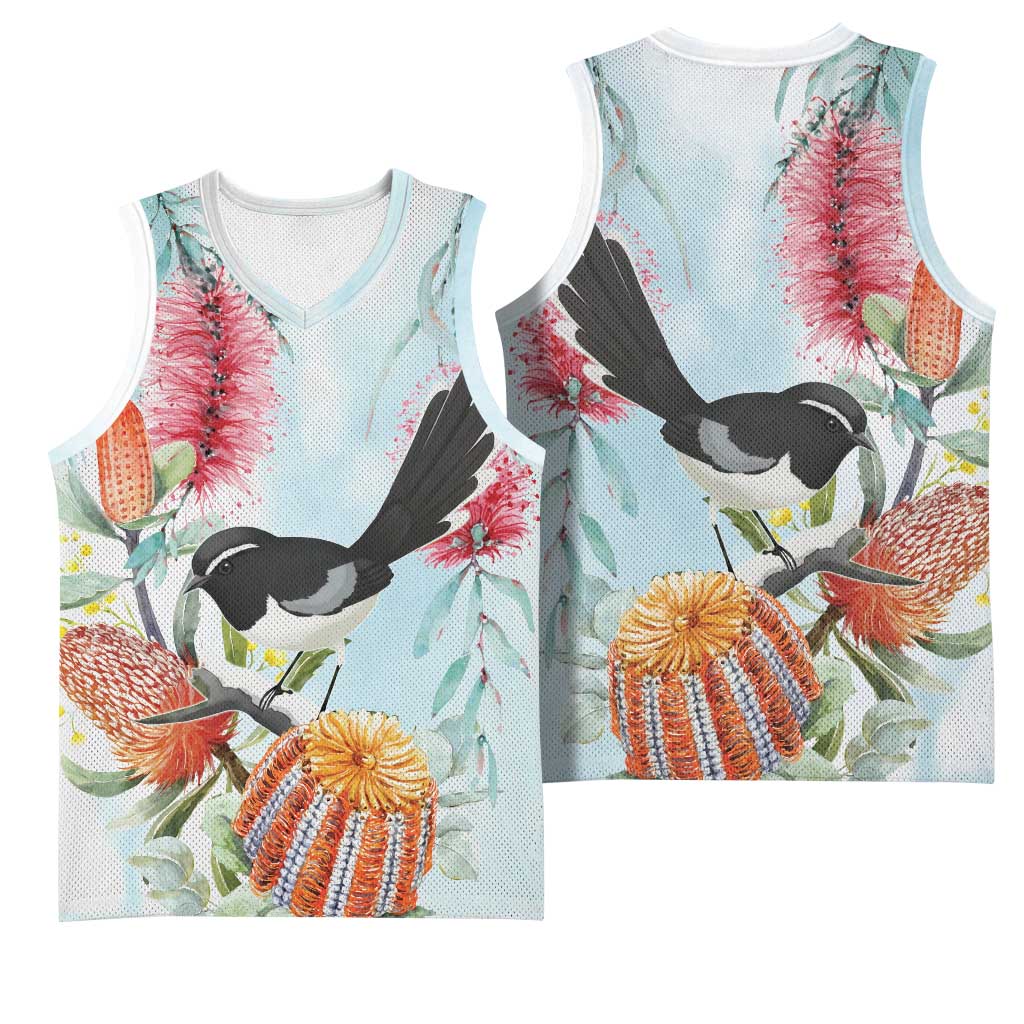 Willie wagtail Australia Basketball Jersey Banksia Bottlebrushes Watercolor Stylized - Aussie Hoodie