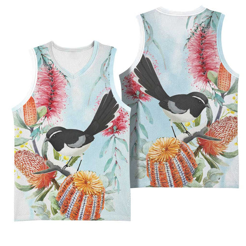 Willie wagtail Australia Basketball Jersey Banksia Bottlebrushes Watercolor Stylized - Aussie Hoodie