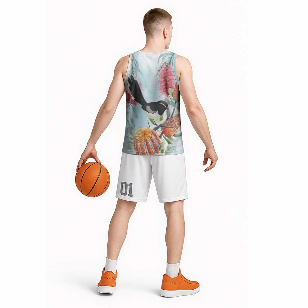 Willie wagtail Australia Basketball Jersey Banksia Bottlebrushes Watercolor Stylized - Aussie Hoodie