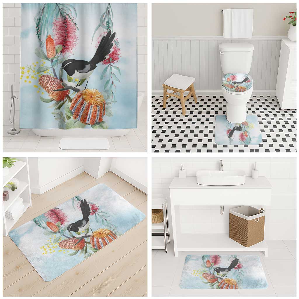 Willie wagtail Australia Bathroom Set Banksia Bottlebrushes Watercolor Stylized - Aussie Hoodie