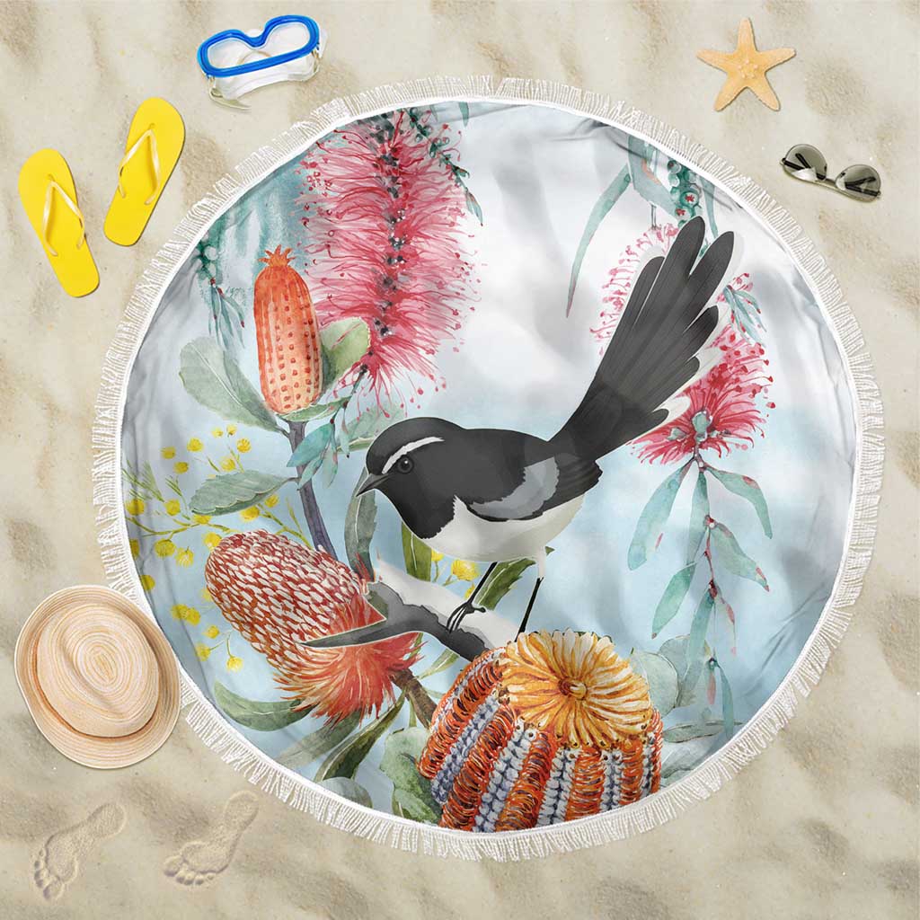 Willie wagtail Australia Beach Blanket Banksia Bottlebrushes Watercolor Stylized - Aussie Hoodie