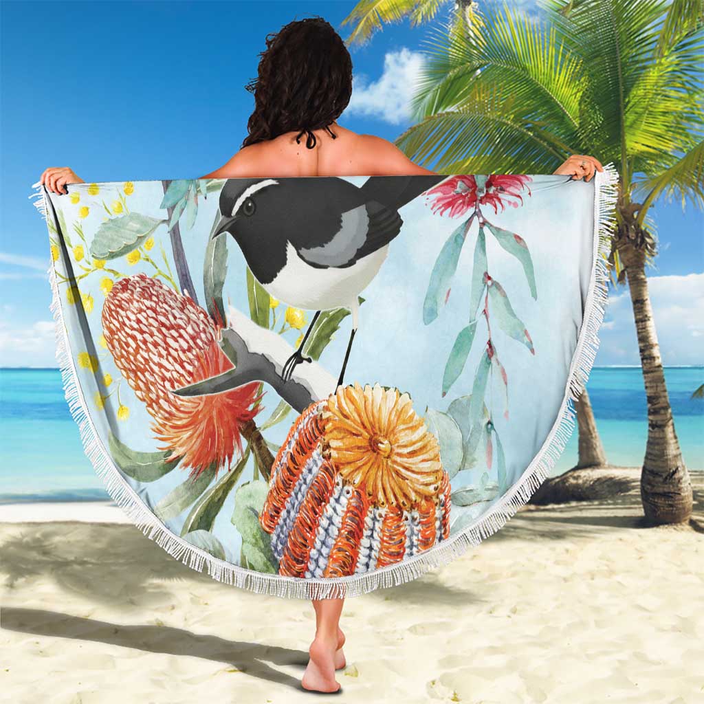 Willie wagtail Australia Beach Blanket Banksia Bottlebrushes Watercolor Stylized - Aussie Hoodie