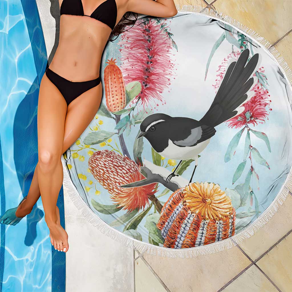 Willie wagtail Australia Beach Blanket Banksia Bottlebrushes Watercolor Stylized - Aussie Hoodie