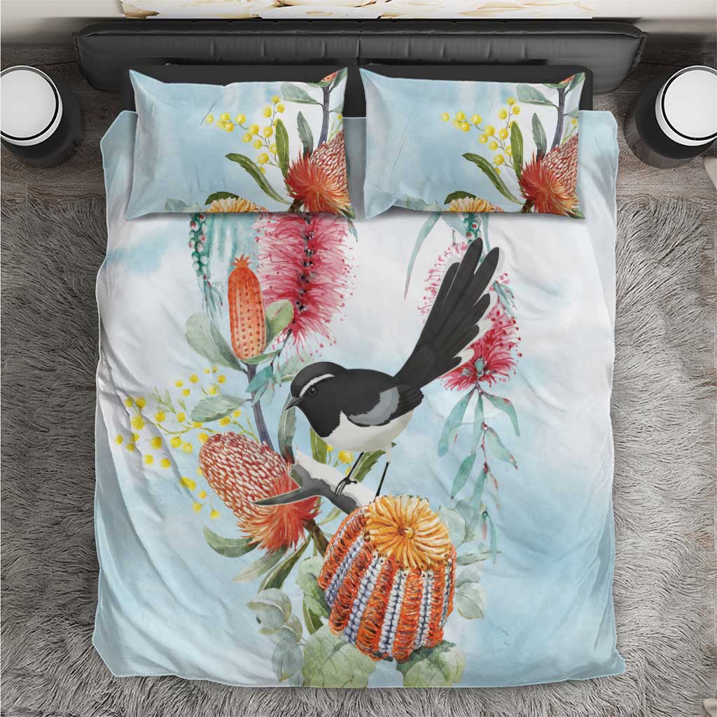 Willie wagtail Australia Bedding Set Banksia Bottlebrushes Watercolor Stylized - Aussie Hoodie