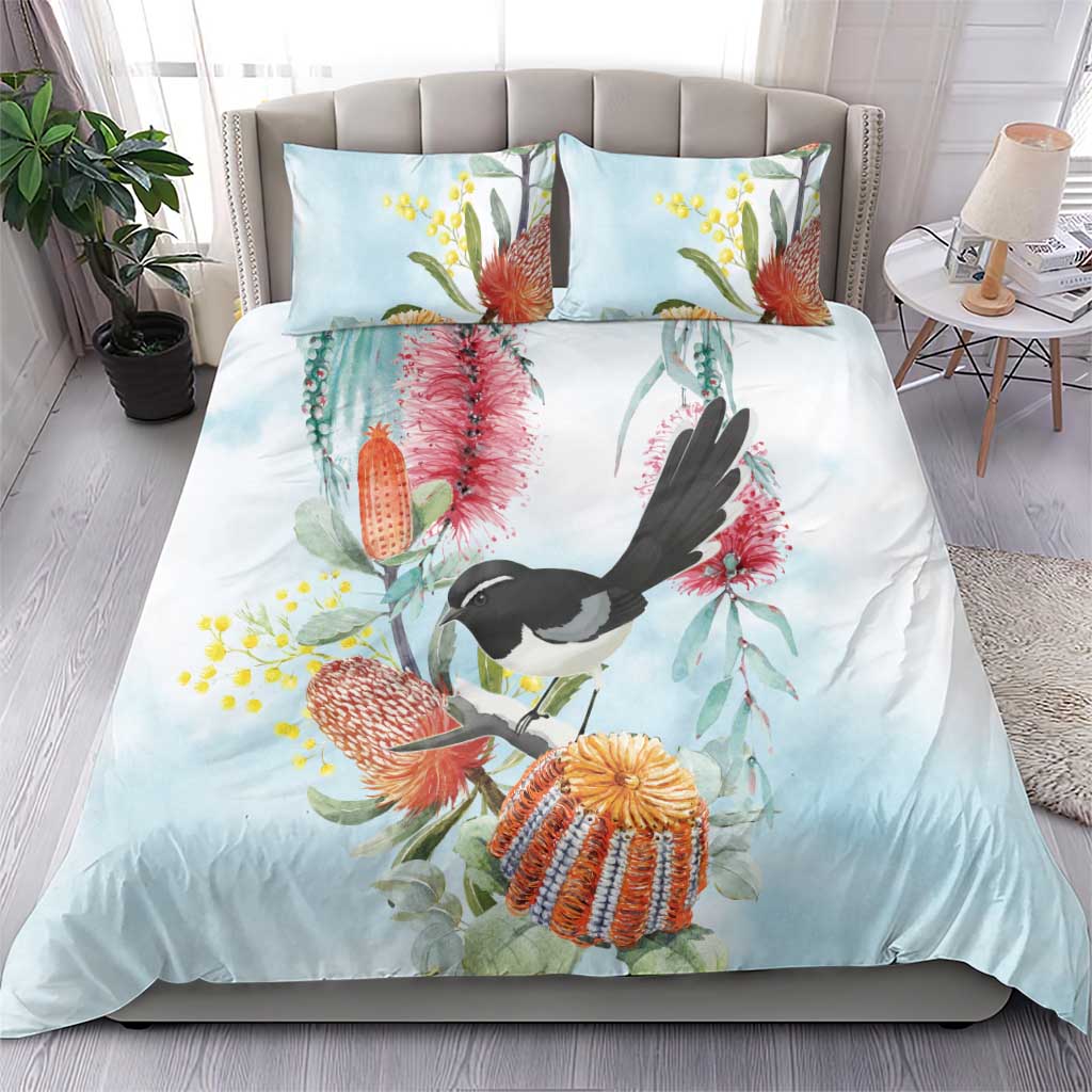Willie wagtail Australia Bedding Set Banksia Bottlebrushes Watercolor Stylized - Aussie Hoodie