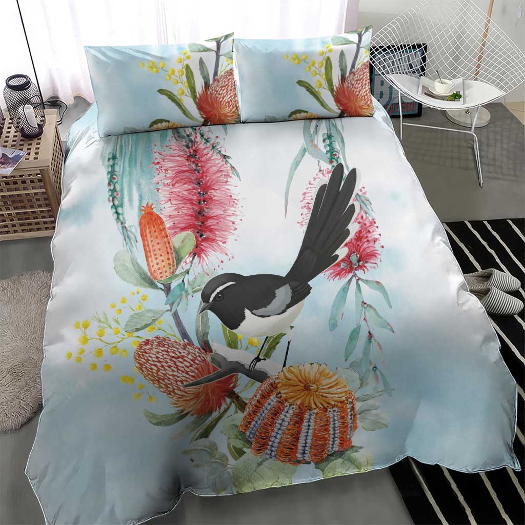 Willie wagtail Australia Bedding Set Banksia Bottlebrushes Watercolor Stylized - Aussie Hoodie