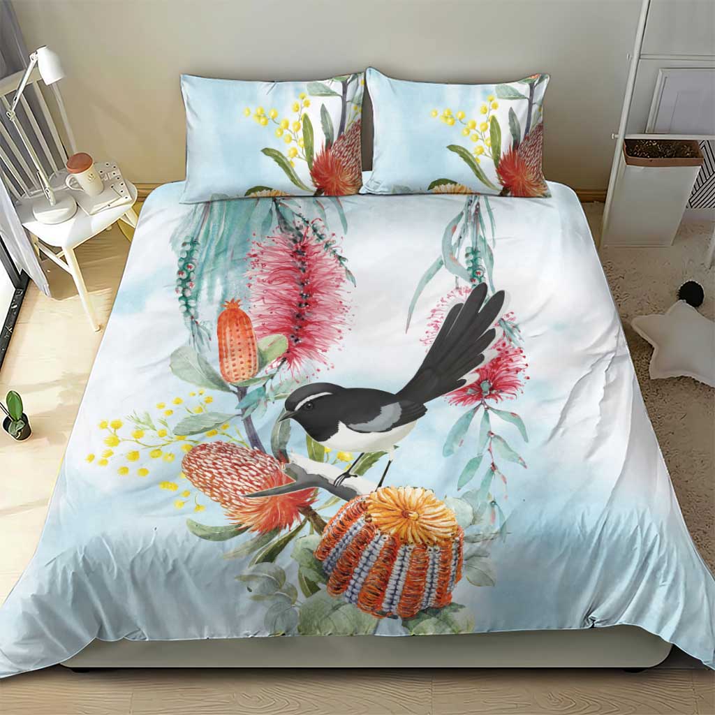 Willie wagtail Australia Bedding Set Banksia Bottlebrushes Watercolor Stylized - Aussie Hoodie