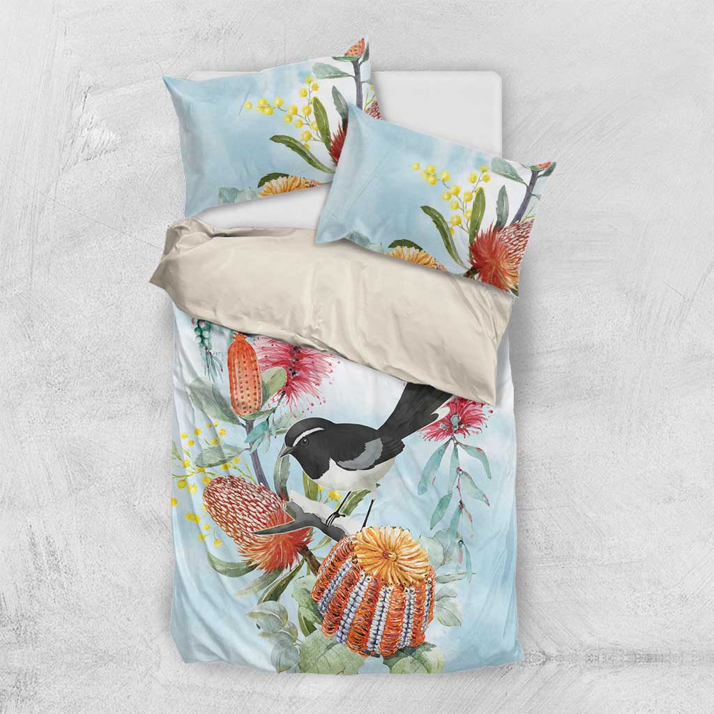 Willie wagtail Australia Bedding Set Banksia Bottlebrushes Watercolor Stylized - Aussie Hoodie