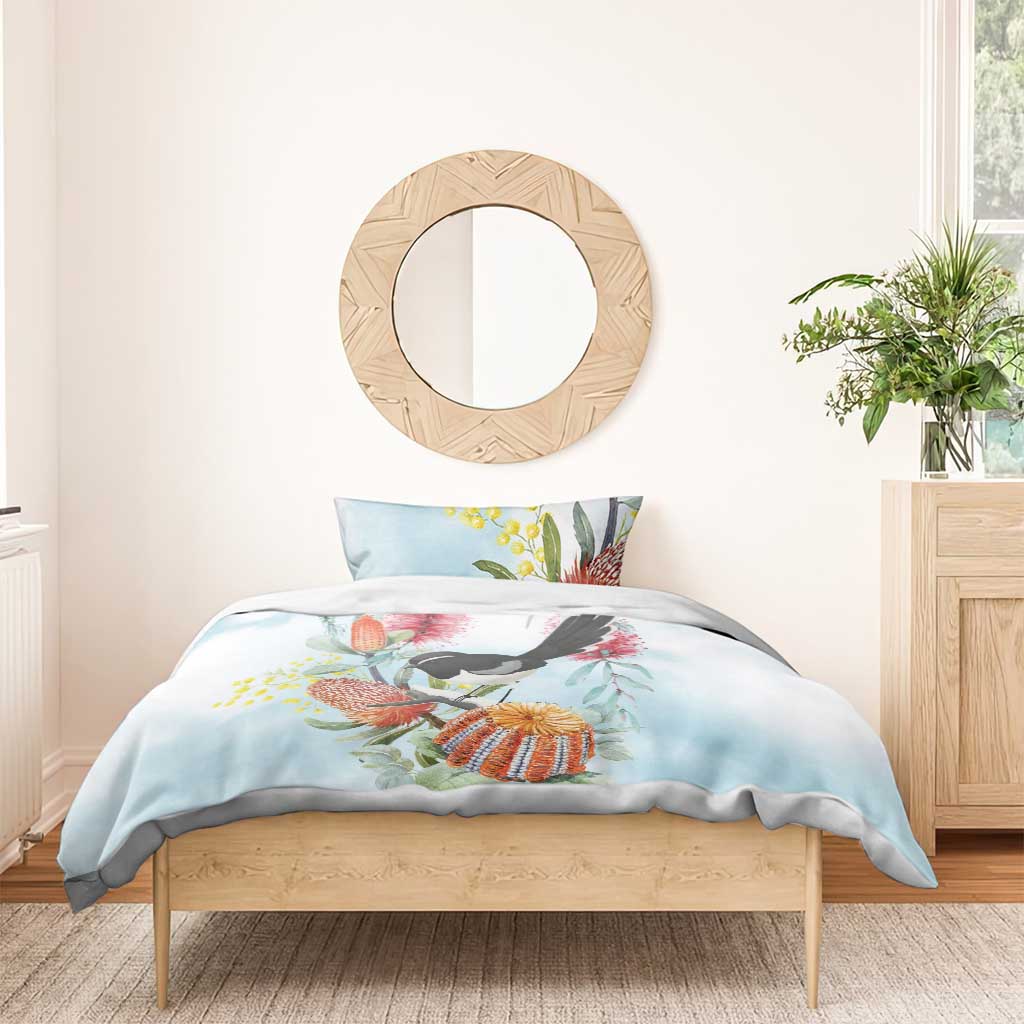 Willie wagtail Australia Bedding Set Banksia Bottlebrushes Watercolor Stylized - Aussie Hoodie