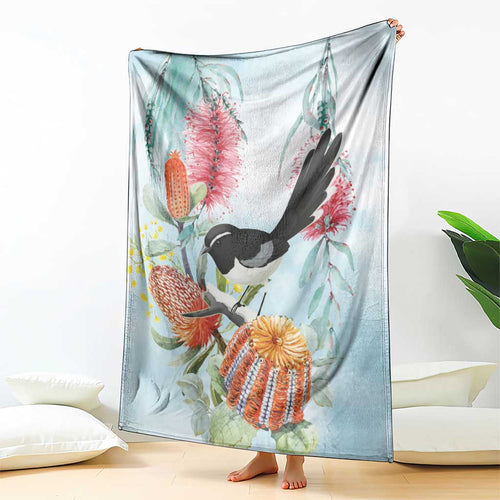 Willie wagtail Australia Blanket Banksia Bottlebrushes Watercolor Stylized - Aussie Hoodie