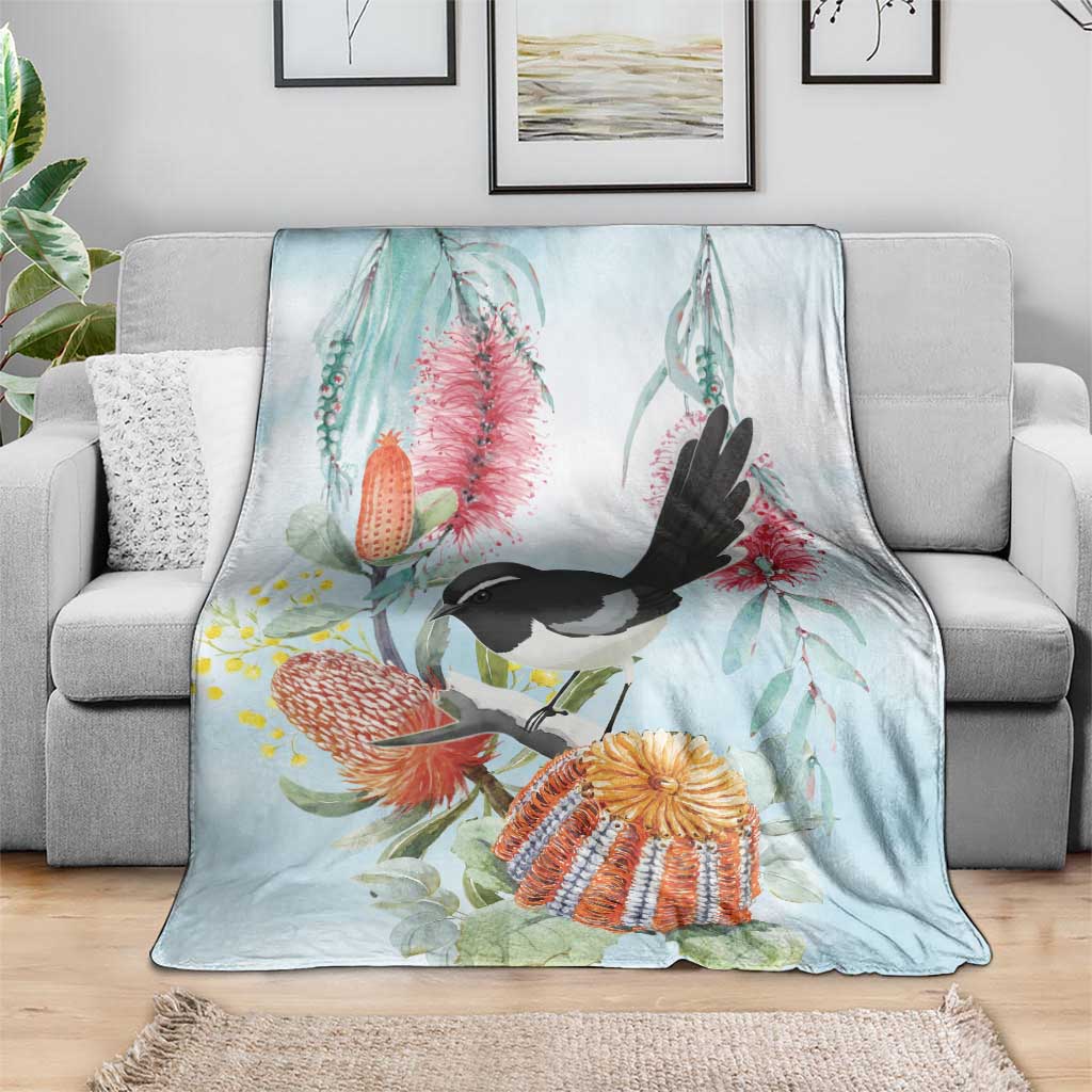 Willie wagtail Australia Blanket Banksia Bottlebrushes Watercolor Stylized - Aussie Hoodie