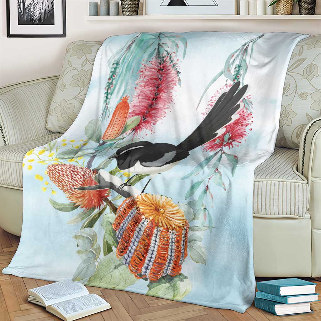 Willie wagtail Australia Blanket Banksia Bottlebrushes Watercolor Stylized - Aussie Hoodie