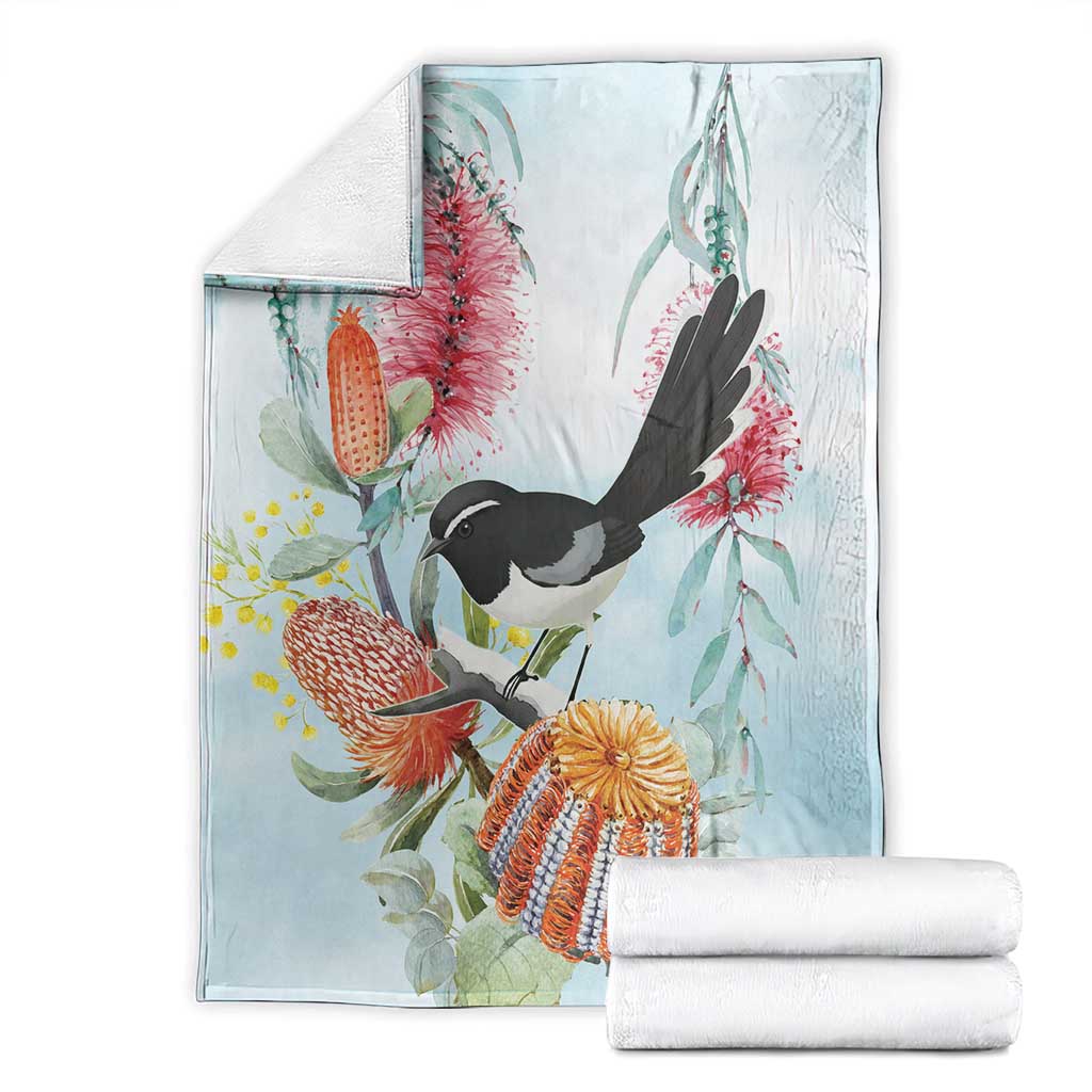Willie wagtail Australia Blanket Banksia Bottlebrushes Watercolor Stylized - Aussie Hoodie
