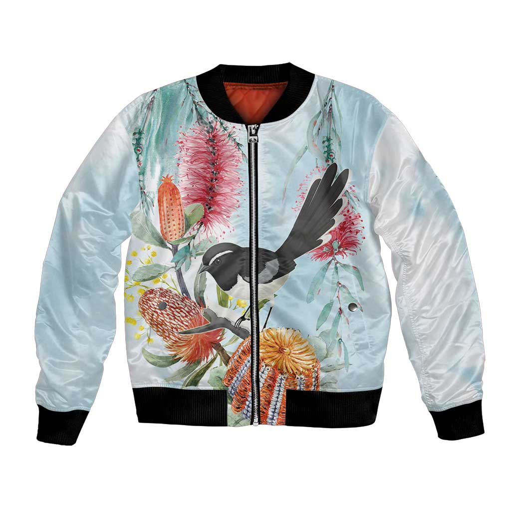 Willie wagtail Australia Bomber Jacket Banksia Bottlebrushes Watercolor Stylized - Aussie Hoodie