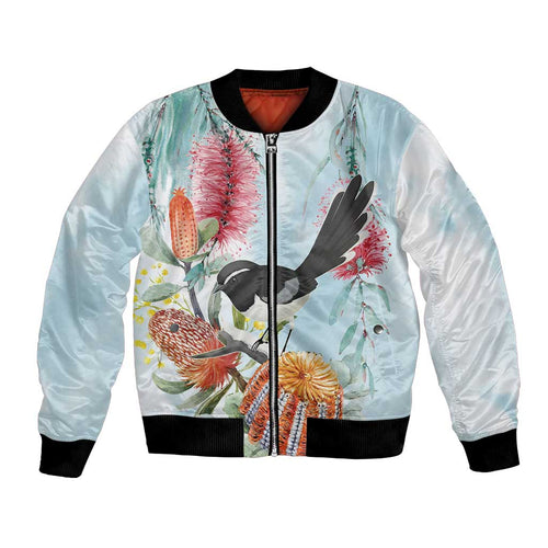 Willie wagtail Australia Bomber Jacket Banksia Bottlebrushes Watercolor Stylized - Aussie Hoodie