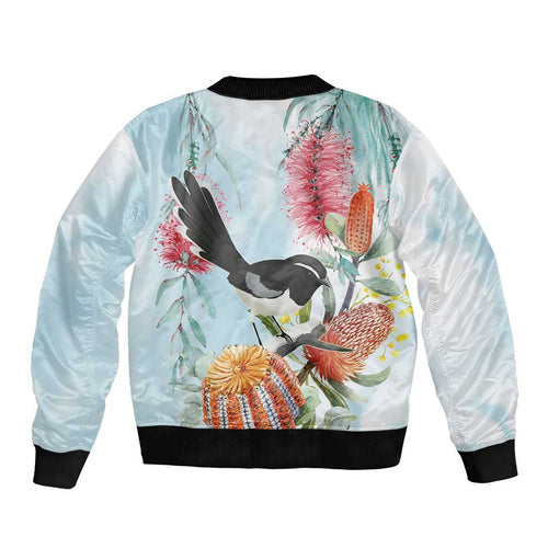 Willie wagtail Australia Bomber Jacket Banksia Bottlebrushes Watercolor Stylized - Aussie Hoodie