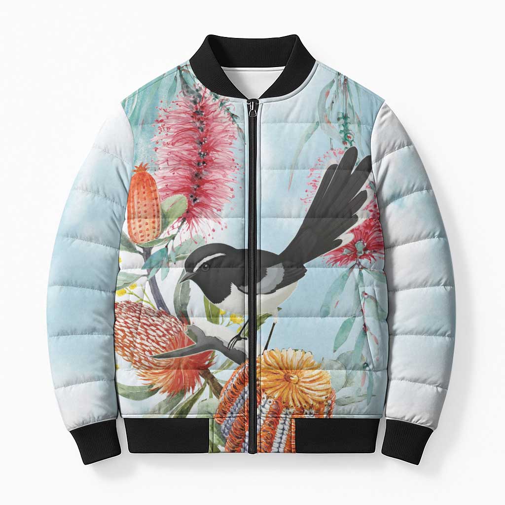 Willie wagtail Australia Bomber Puffer Jacket Banksia Bottlebrushes Watercolor Stylized - Aussie Hoodie