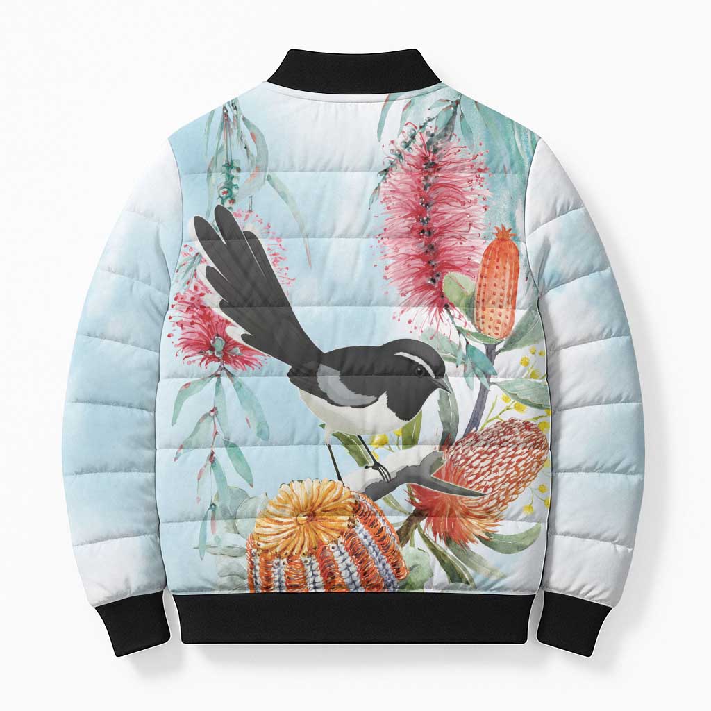Willie wagtail Australia Bomber Puffer Jacket Banksia Bottlebrushes Watercolor Stylized - Aussie Hoodie