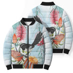 Willie wagtail Australia Bomber Puffer Jacket Banksia Bottlebrushes Watercolor Stylized - Aussie Hoodie