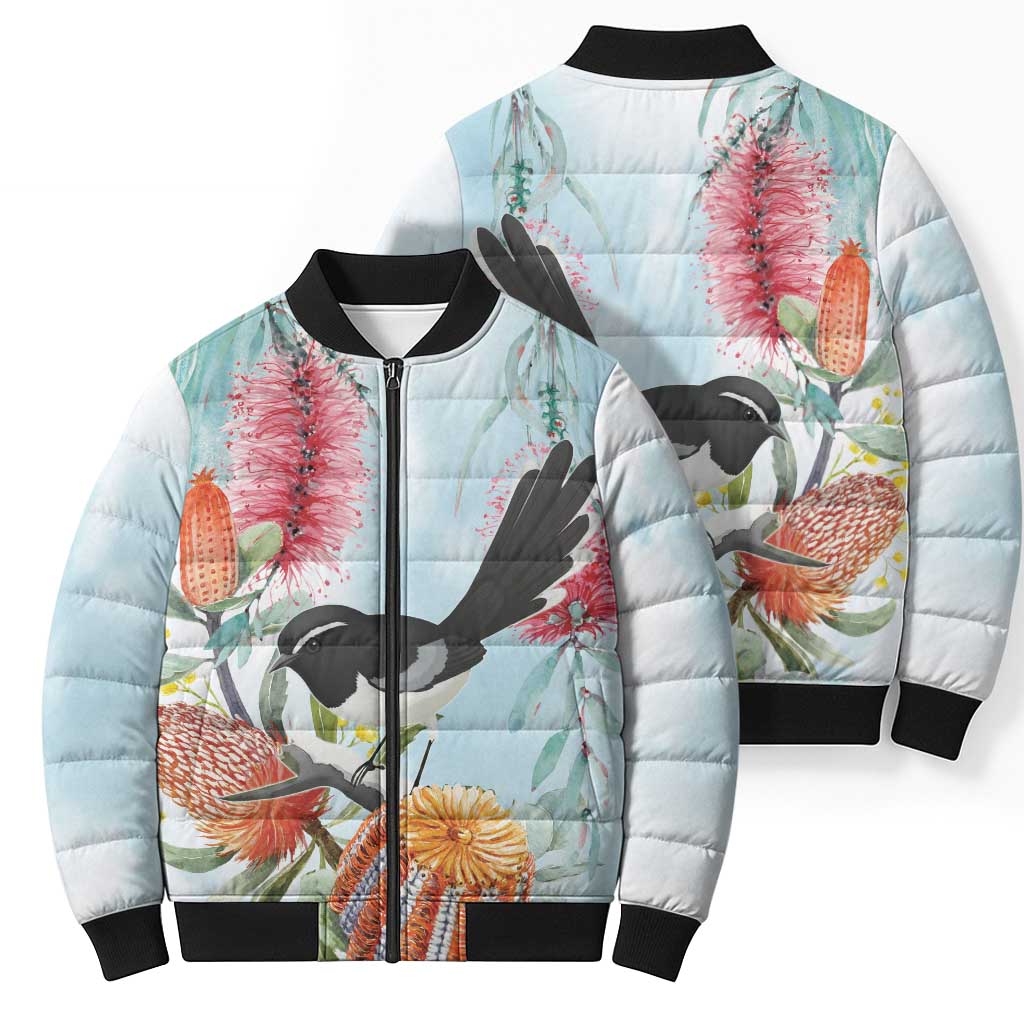 Willie wagtail Australia Bomber Puffer Jacket Banksia Bottlebrushes Watercolor Stylized - Aussie Hoodie
