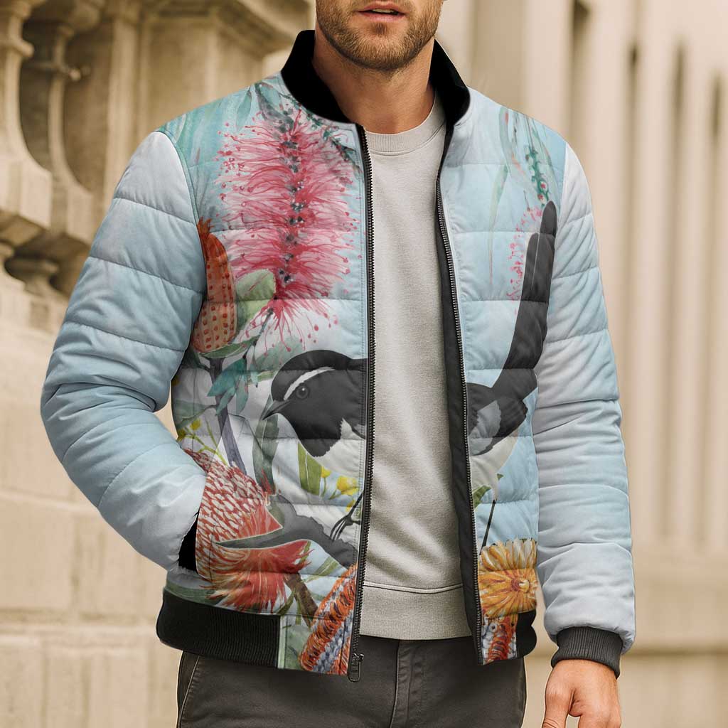 Willie wagtail Australia Bomber Puffer Jacket Banksia Bottlebrushes Watercolor Stylized - Aussie Hoodie