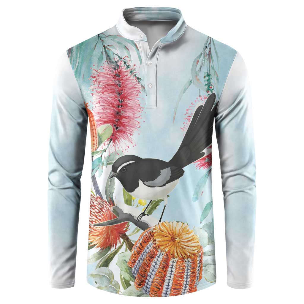 Willie wagtail Australia Button Sweatshirt Banksia Bottlebrushes Watercolor Stylized - Aussie Hoodie