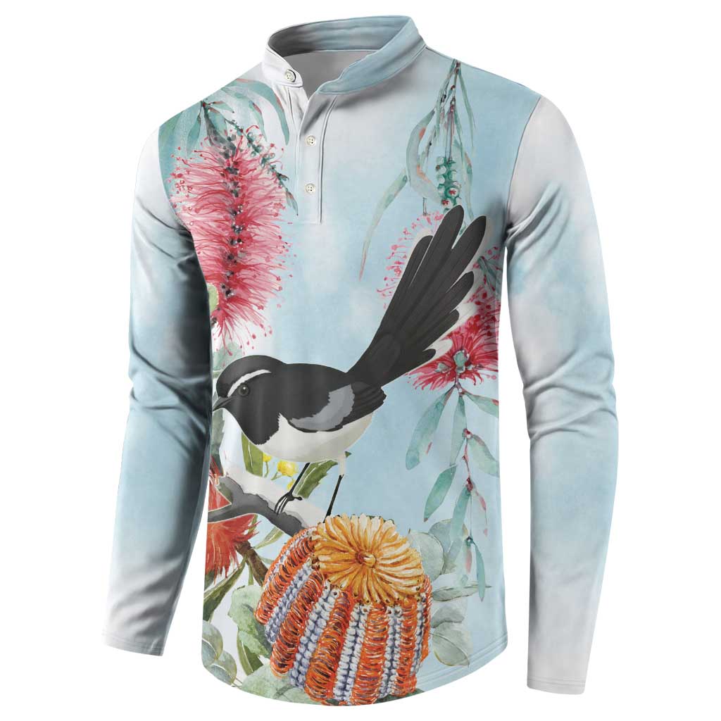 Willie wagtail Australia Button Sweatshirt Banksia Bottlebrushes Watercolor Stylized - Aussie Hoodie