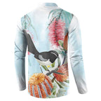 Willie wagtail Australia Button Sweatshirt Banksia Bottlebrushes Watercolor Stylized - Aussie Hoodie