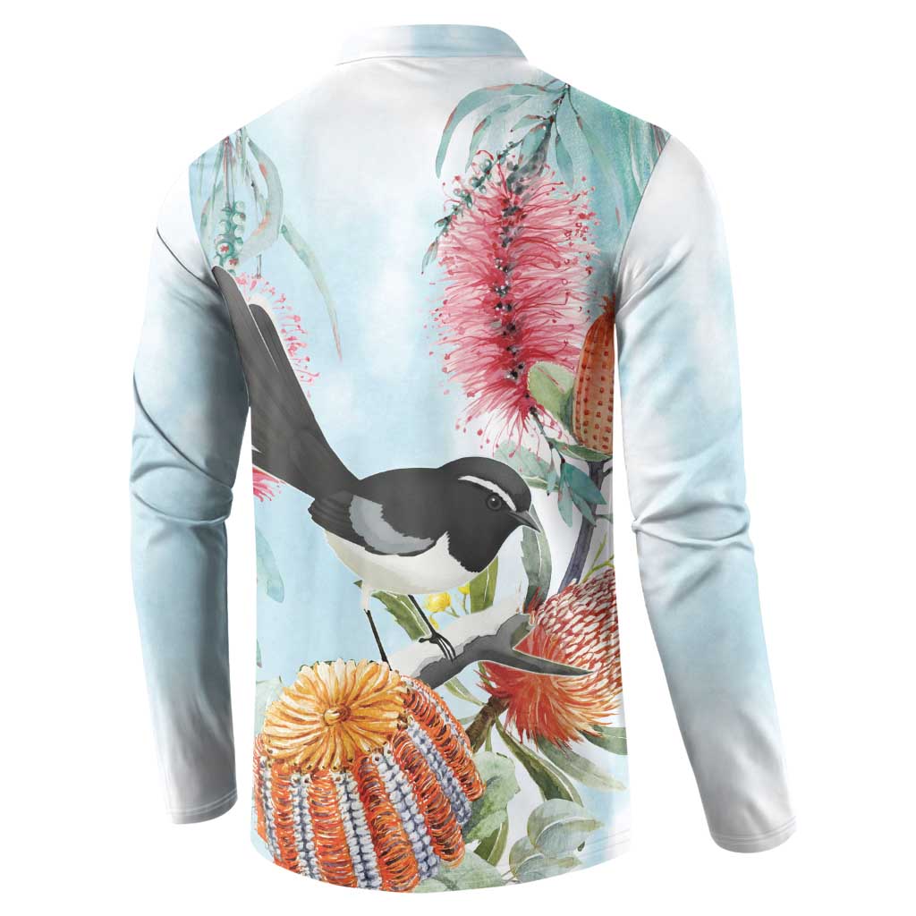 Willie wagtail Australia Button Sweatshirt Banksia Bottlebrushes Watercolor Stylized - Aussie Hoodie