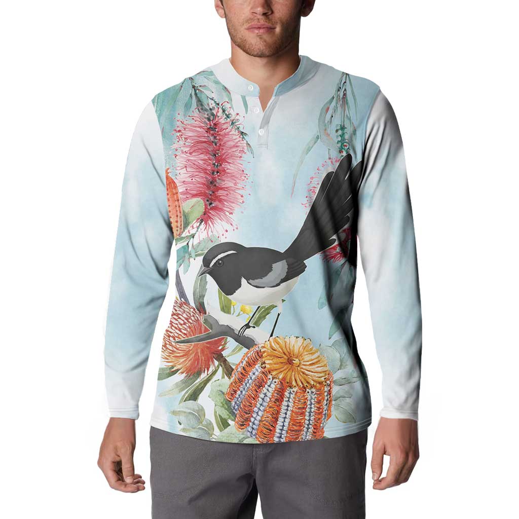 Willie wagtail Australia Button Sweatshirt Banksia Bottlebrushes Watercolor Stylized - Aussie Hoodie
