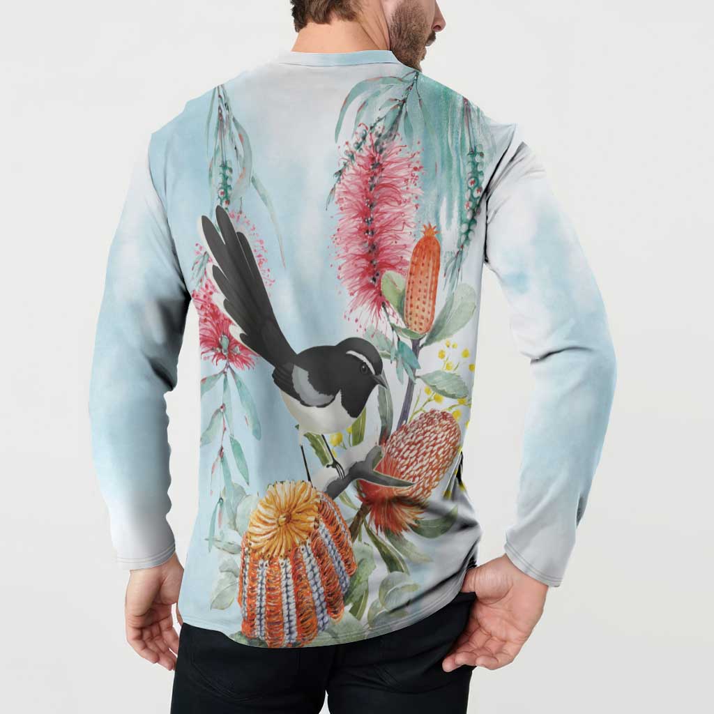 Willie wagtail Australia Button Sweatshirt Banksia Bottlebrushes Watercolor Stylized - Aussie Hoodie