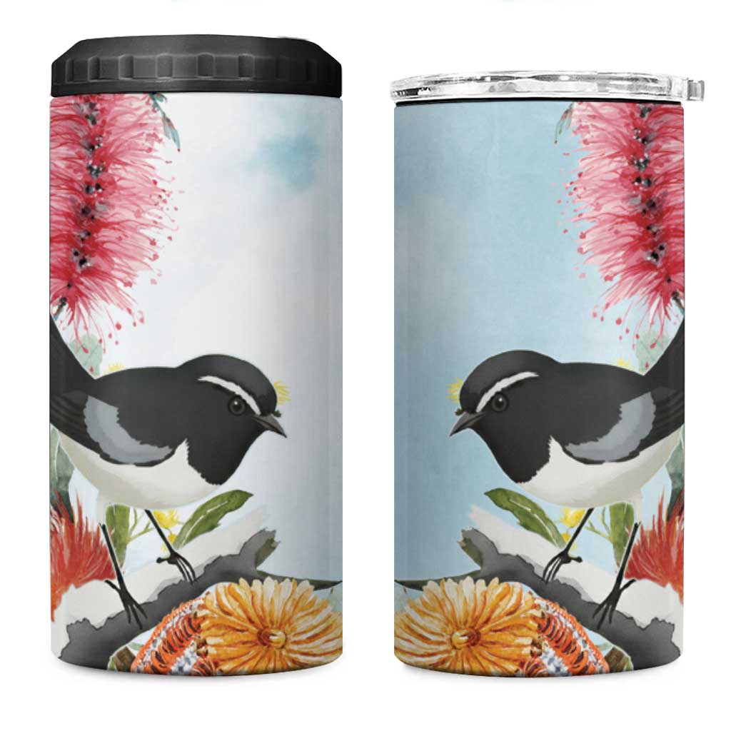 Willie wagtail Australia 4 in 1 Can Cooler Tumbler Banksia Bottlebrushes Watercolor Stylized - Aussie Hoodie