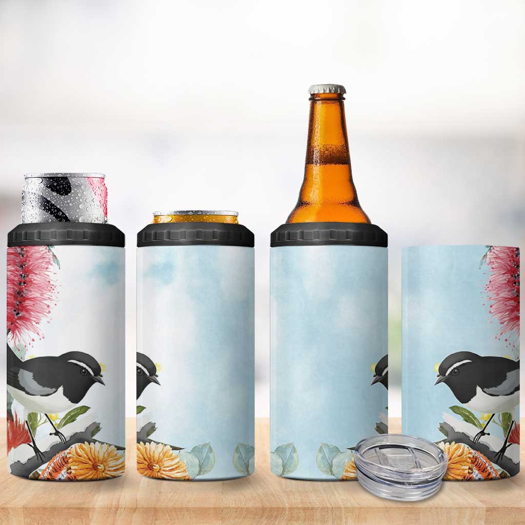 Willie wagtail Australia 4 in 1 Can Cooler Tumbler Banksia Bottlebrushes Watercolor Stylized - Aussie Hoodie