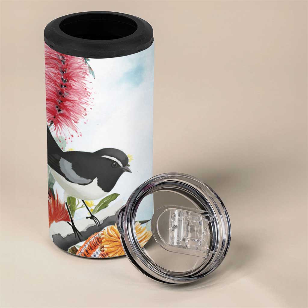 Willie wagtail Australia 4 in 1 Can Cooler Tumbler Banksia Bottlebrushes Watercolor Stylized - Aussie Hoodie