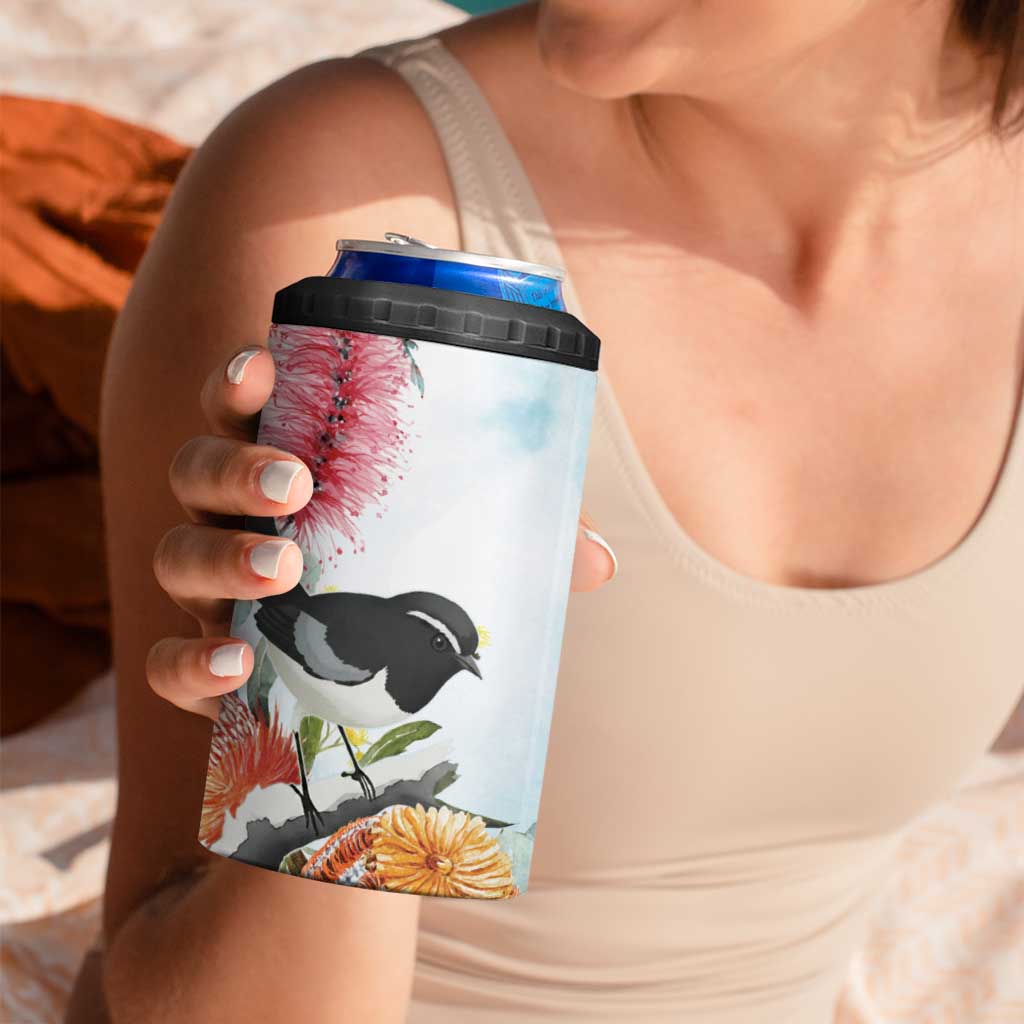 Willie wagtail Australia 4 in 1 Can Cooler Tumbler Banksia Bottlebrushes Watercolor Stylized - Aussie Hoodie