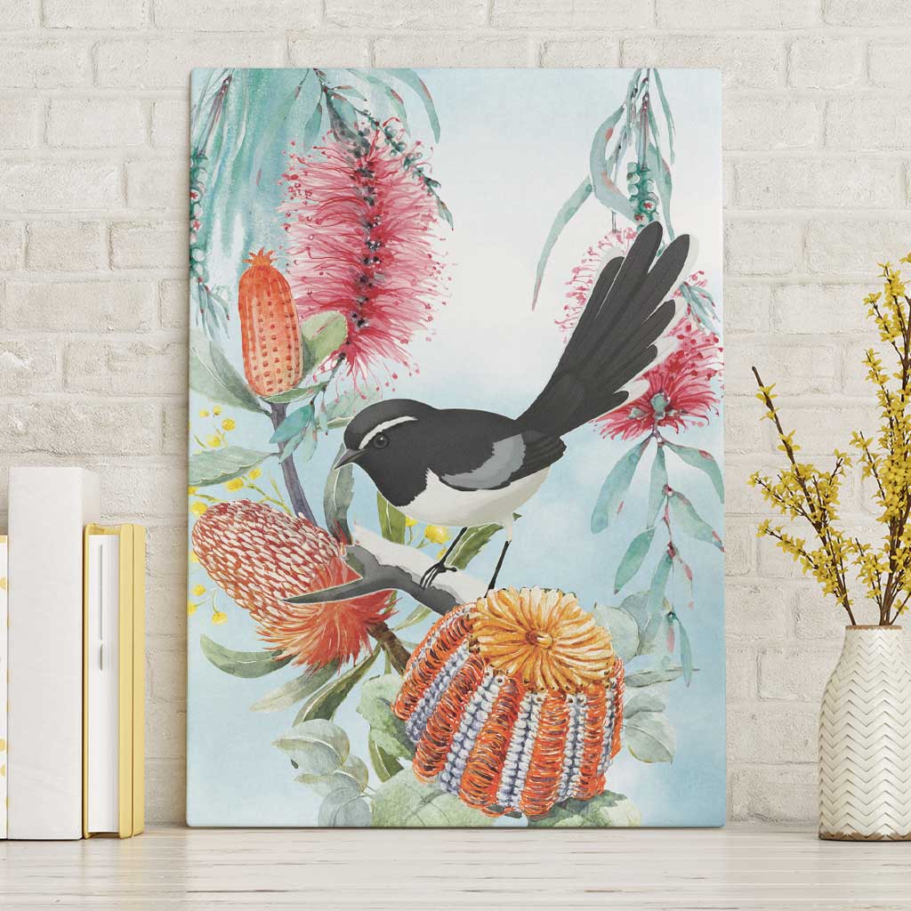 Willie wagtail Australia Canvas Wall Art Banksia Bottlebrushes Watercolor Stylized - Aussie Hoodie