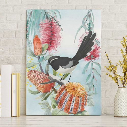Willie wagtail Australia Canvas Wall Art Banksia Bottlebrushes Watercolor Stylized - Aussie Hoodie