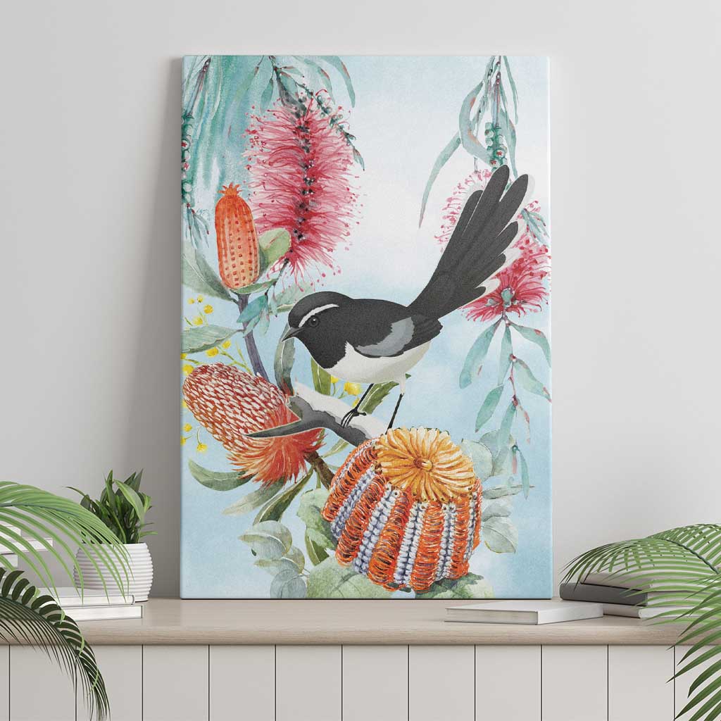 Willie wagtail Australia Canvas Wall Art Banksia Bottlebrushes Watercolor Stylized - Aussie Hoodie