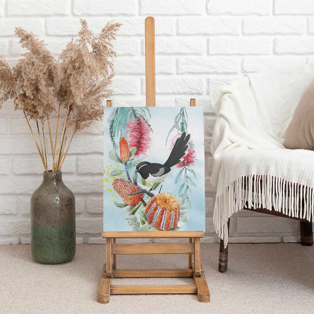 Willie wagtail Australia Canvas Wall Art Banksia Bottlebrushes Watercolor Stylized - Aussie Hoodie