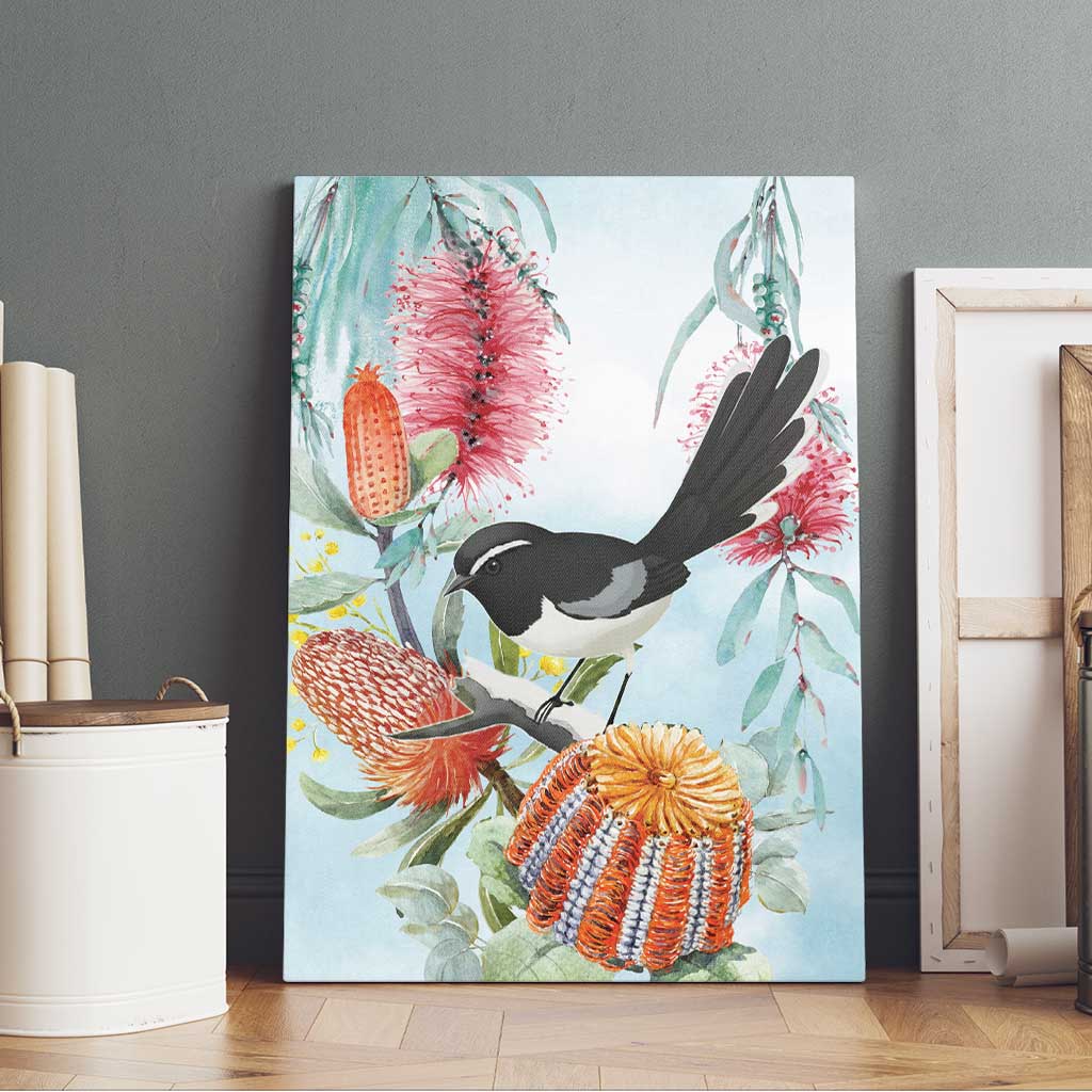 Willie wagtail Australia Canvas Wall Art Banksia Bottlebrushes Watercolor Stylized - Aussie Hoodie