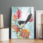 Willie wagtail Australia Canvas Wall Art Banksia Bottlebrushes Watercolor Stylized - Aussie Hoodie