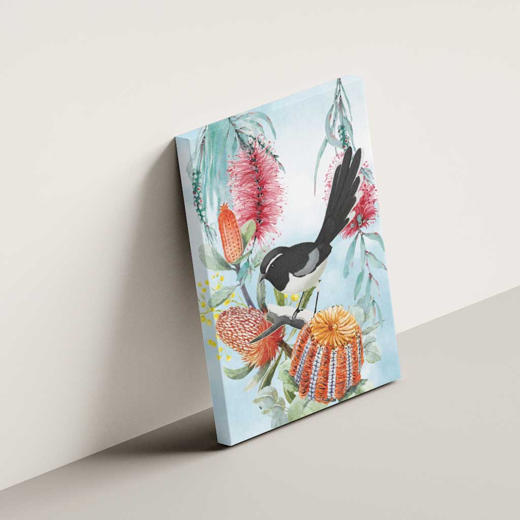 Willie wagtail Australia Canvas Wall Art Banksia Bottlebrushes Watercolor Stylized - Aussie Hoodie