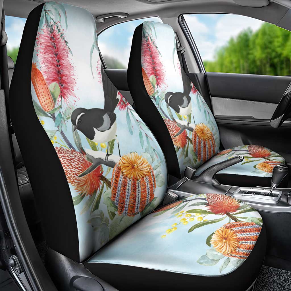 Willie wagtail Australia Car Seat Cover Banksia Bottlebrushes Watercolor Stylized - Aussie Hoodie