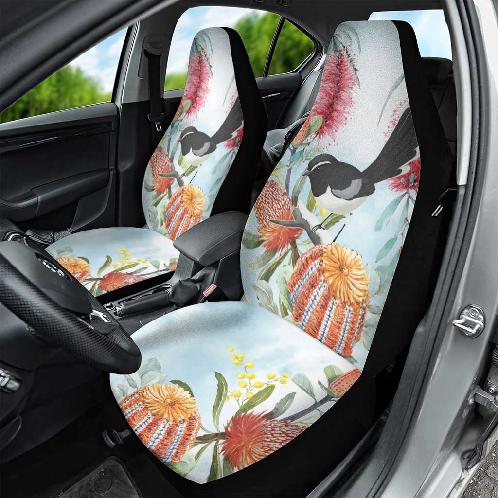 Willie wagtail Australia Car Seat Cover Banksia Bottlebrushes Watercolor Stylized - Aussie Hoodie