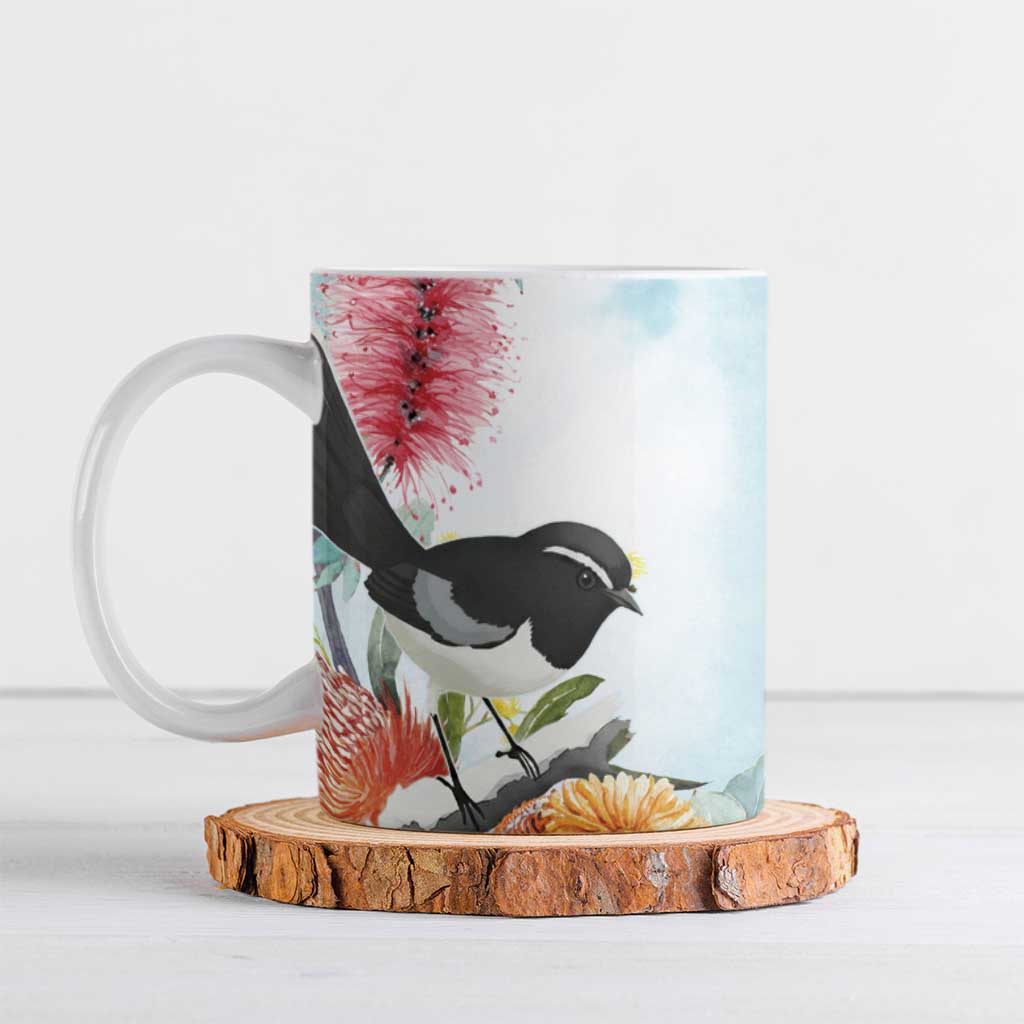 Willie wagtail Australia Ceramic Mug Banksia Bottlebrushes Watercolor Stylized - Aussie Hoodie