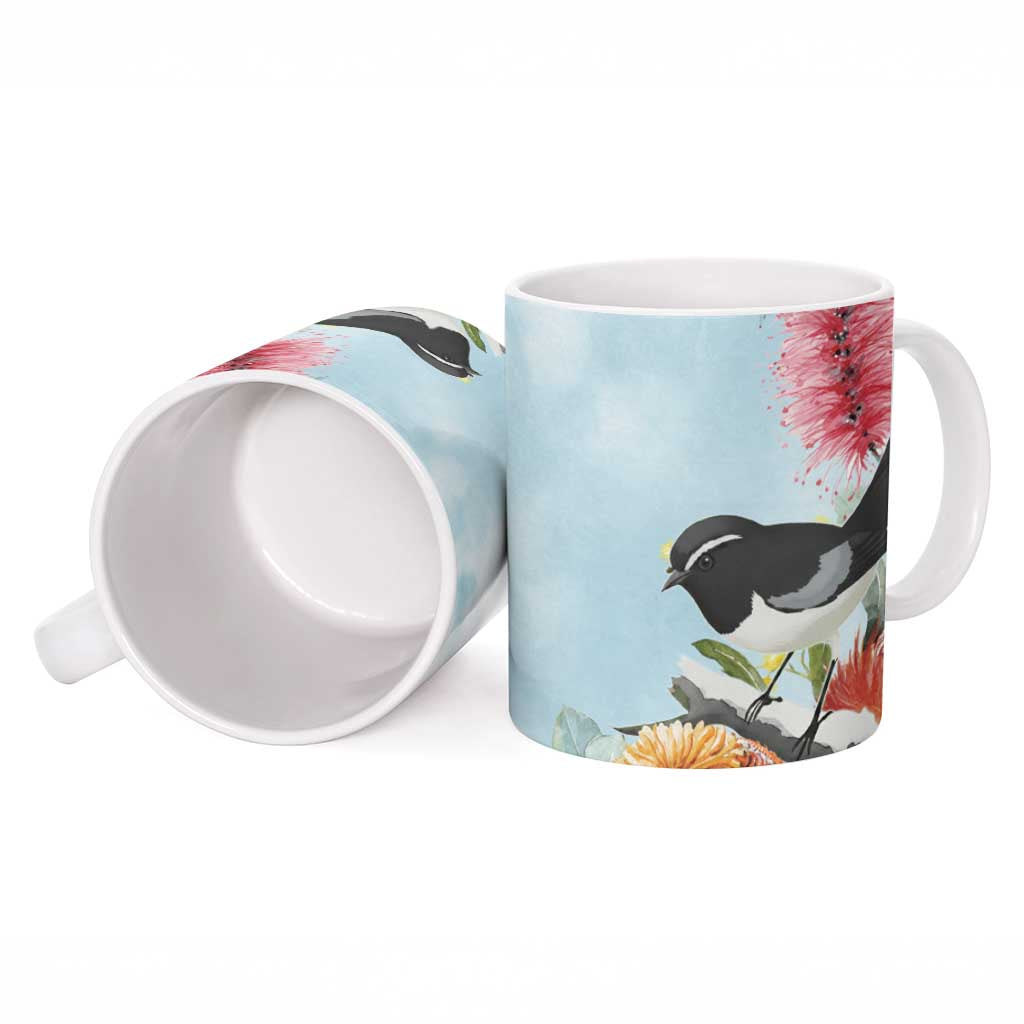 Willie wagtail Australia Ceramic Mug Banksia Bottlebrushes Watercolor Stylized - Aussie Hoodie